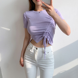 여성 슬림핏 사선 셔링 반팔 크롭 티셔츠 (4 Color)